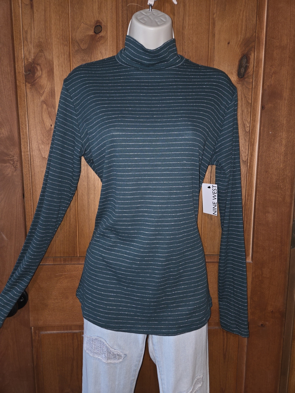 Nine West Teal & Silver Striped Turtleneck Top